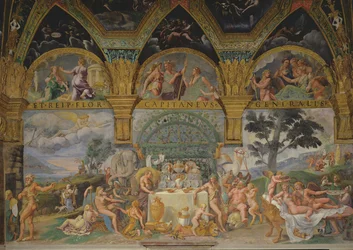 Amorin ja Psykhen häitä juhlistava ylhäinen juhla-ateria Sala di Amore e Psichestä, 1527-31